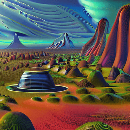 AI generated: human colony on unknown planet with retro futuristic buildings::2 bright vibrant colored vegetation:...