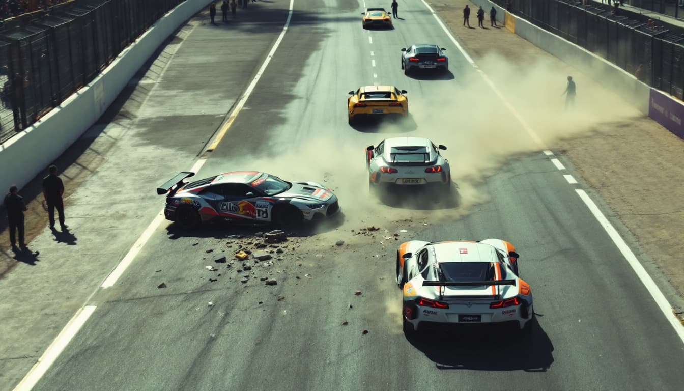 AI generated: The race track is well lit by sunlight.       Ahead, two cars collide on the track at a sharp turn a...