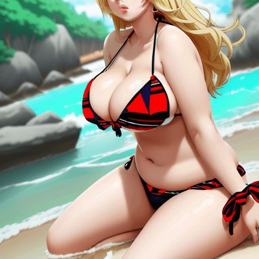 AI generated: anime girl, big boobs, bikini, curvy girl, full body, blonde hair, by Sakimichan, pixiv bikini, beau...