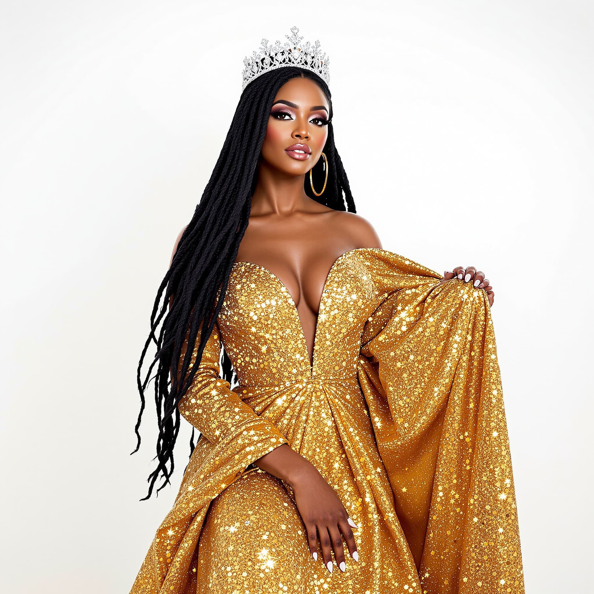 AI generated: A regal African American winter queen stands gracefully against a pristine white background. She has...