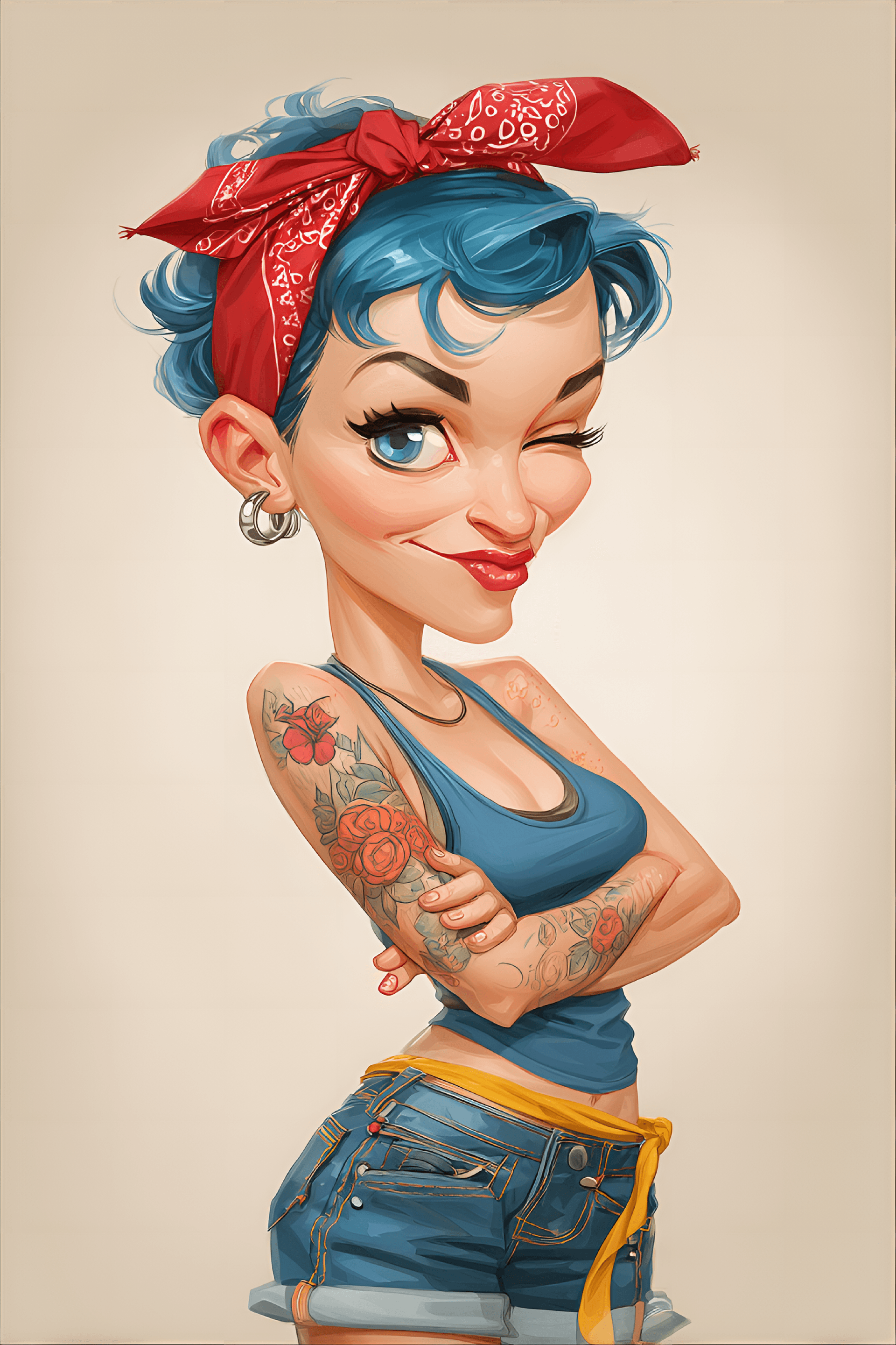 AI generated: funny caricature, retro pin-up girl caricature, young caucasian female, 25 years old, blue hair, tat...