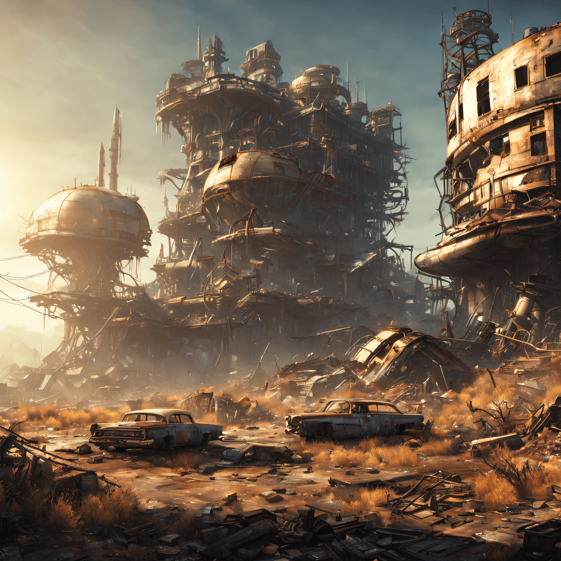 AI generated: Atompunk, destroyed Landscape , shiny,high detailed,photorealism,retrofuturistic design 1960,from th...
