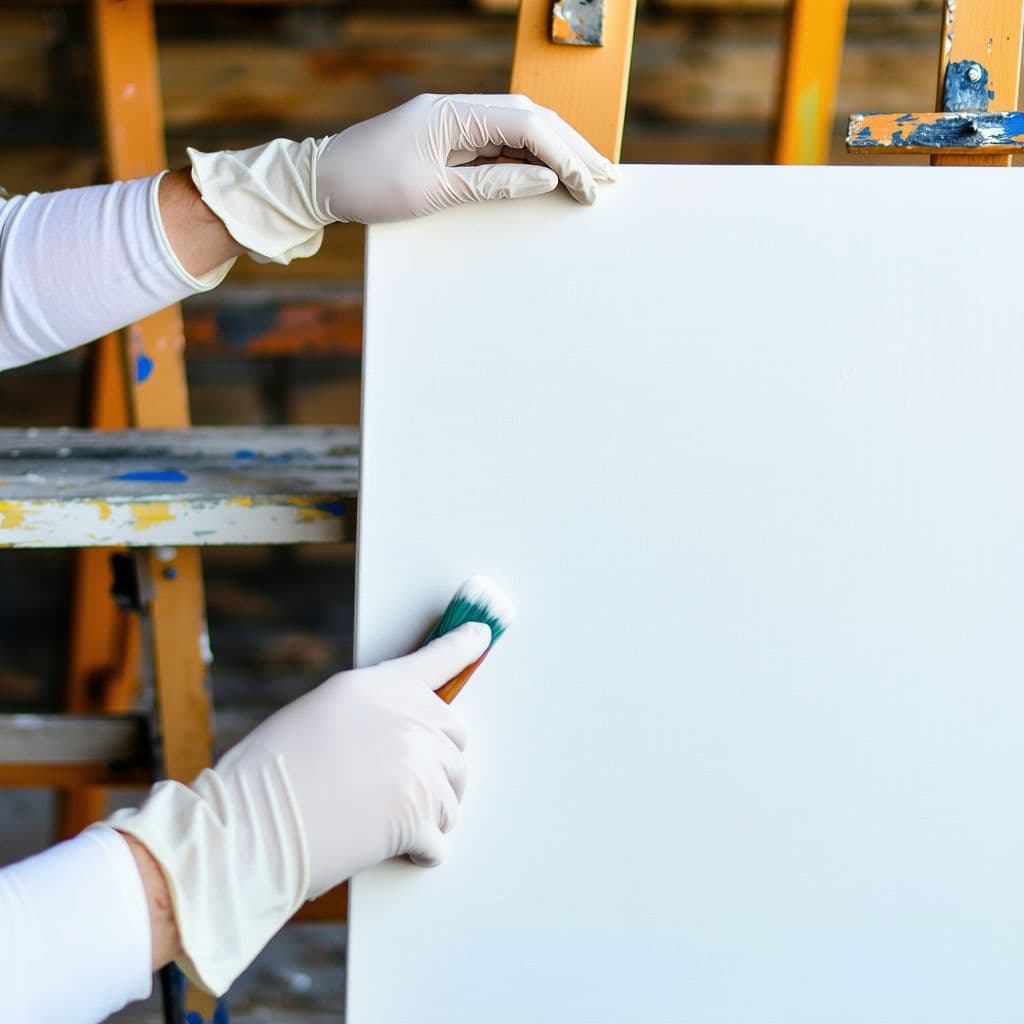 AI generated: close up of two hands whith white gloves holding the corner of a big blank paint canvas, blurred bac...