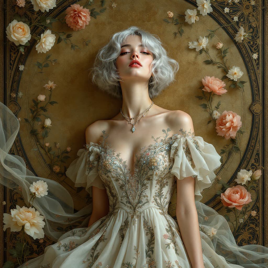 AI generated: A captivating portrait of a woman with short silver hair, in the style of Annie Leibovitz and Alphon...