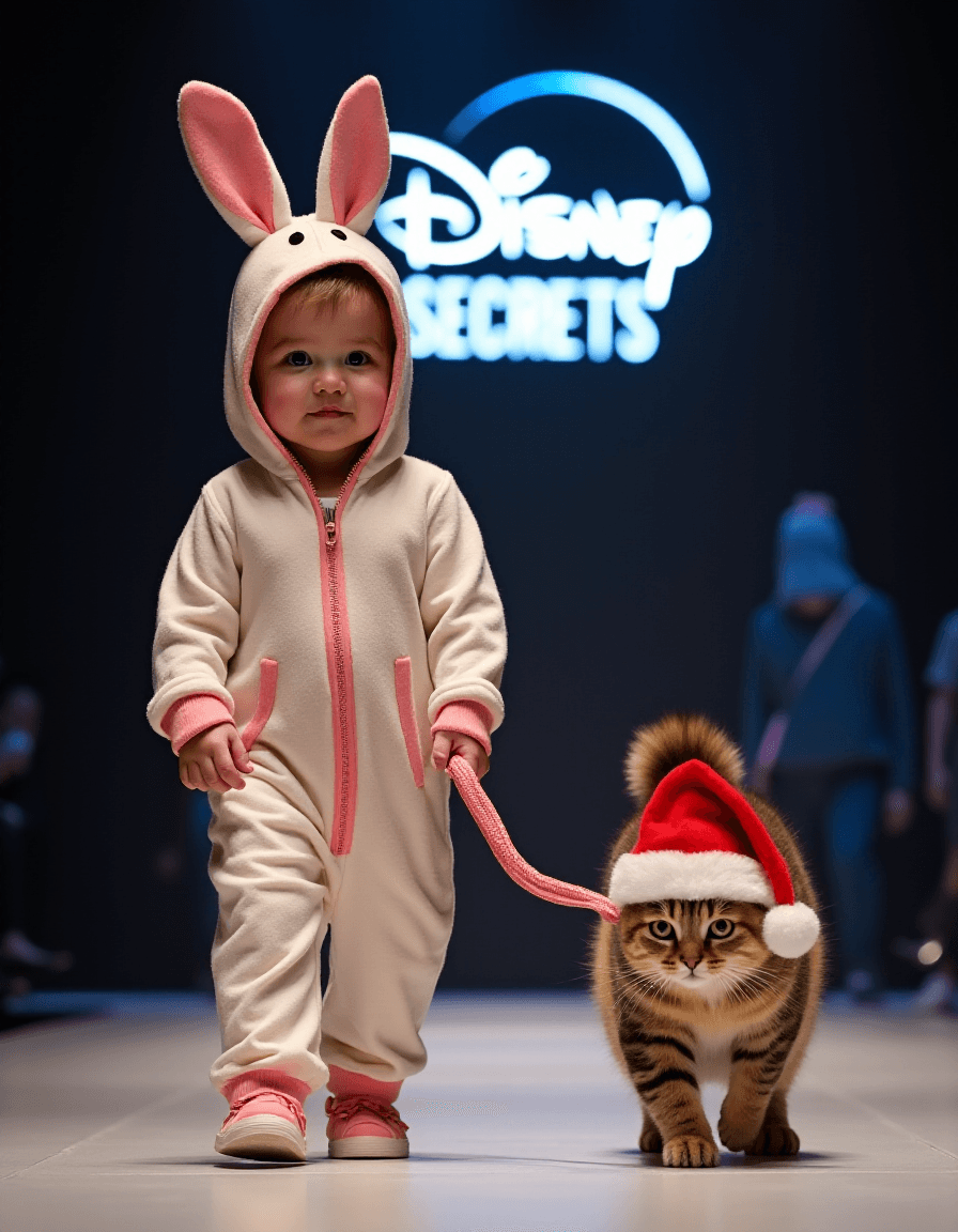 AI generated: A baby dressed in bunny pajamas leads a pet cat on a leash while walking at a Disneyt fashion show, ...