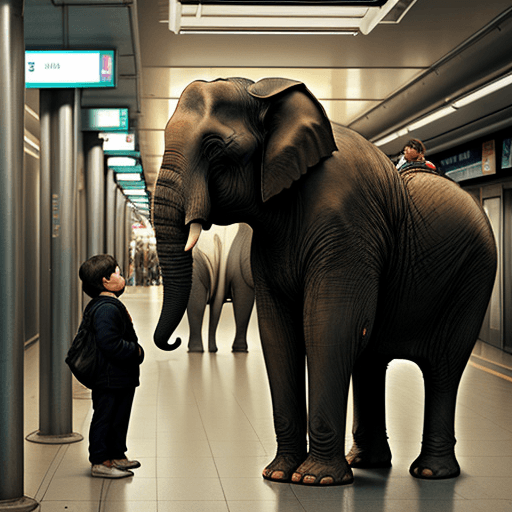 AI generated: Let the mother elephant and the baby elephant wait for the subway.