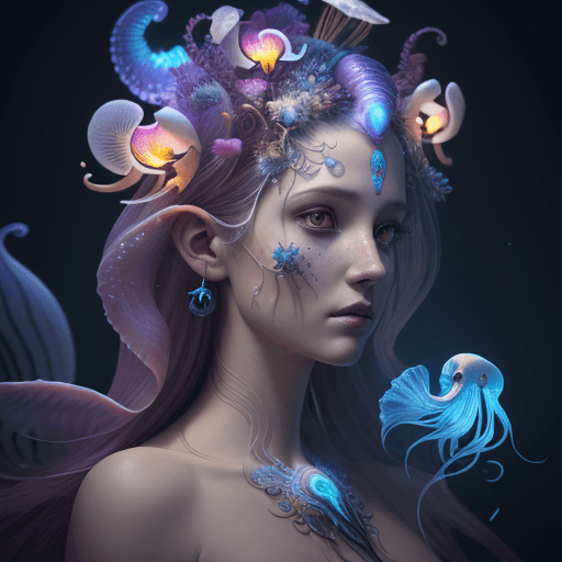 AI generated: Goddess close-up portrait ribcagel. jellyfish phoenix head, nautilus, orchid, skull, betta fish, bio...