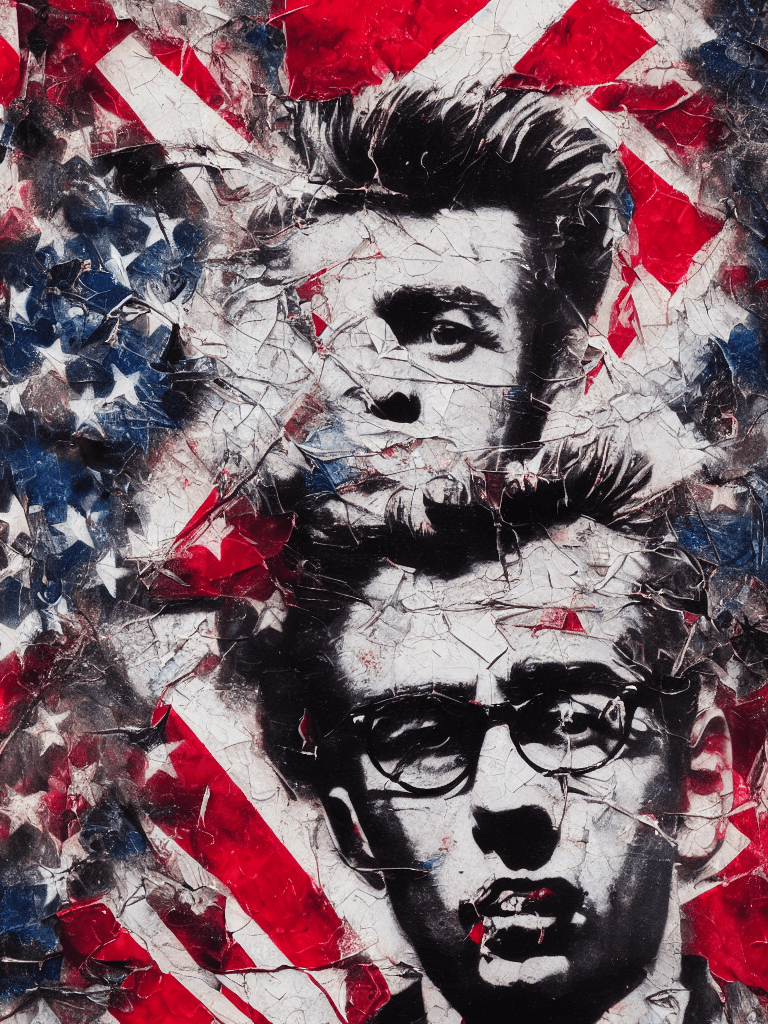 AI generated: Ultra detailed medium portrait painting, James Dean, torn up american flag background, punk visual a...