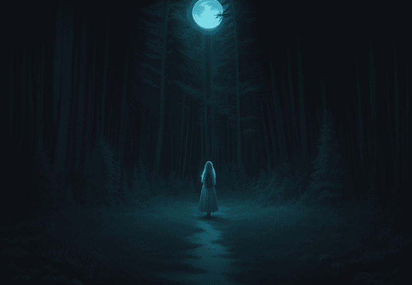AI generated: Illustrator, Nighttime forest, Girl standing, Digital illustration software, Realistic, Full-color d...
