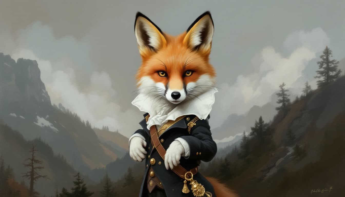 AI generated: Painting portait with the edge, of a fox dressed as aristocracy