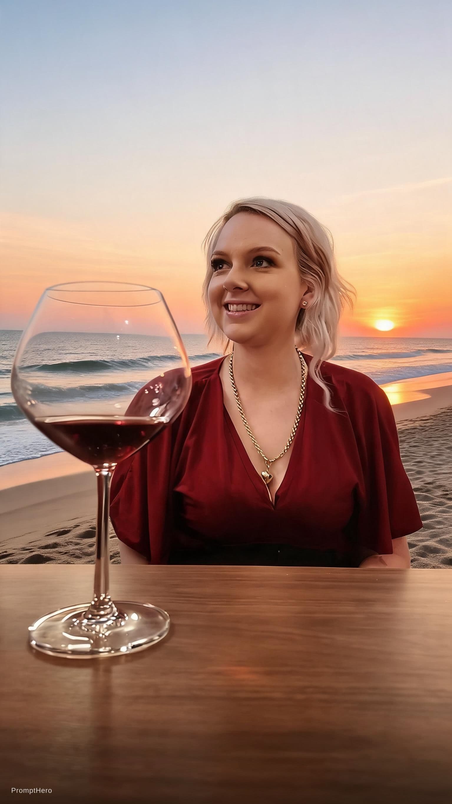 AI generated: beautiful Isabella at the beach, high quality photograph, evening atmosphere