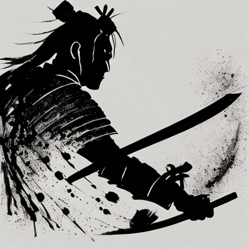 AI generated: silhouette of a samurai warrior with ink splashes, artwork by akira kurosawa