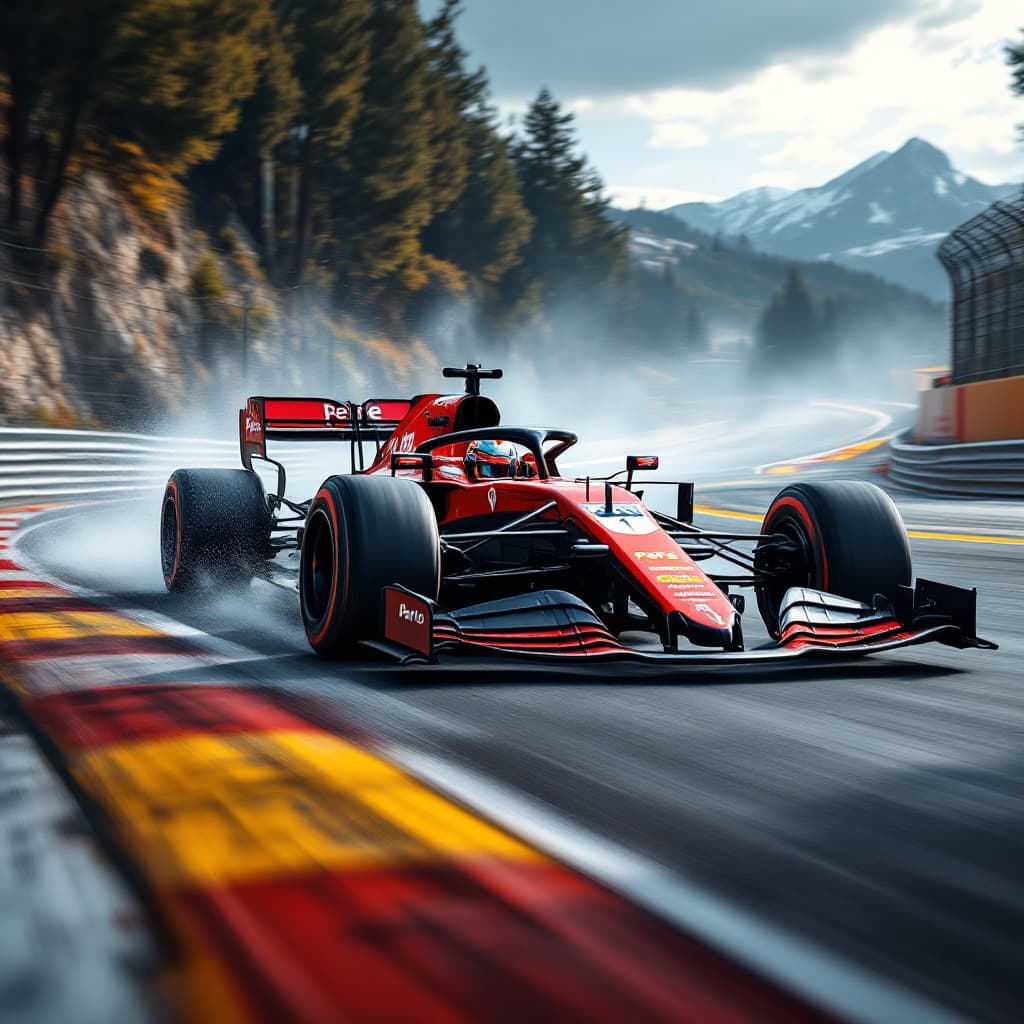 AI generated: a black and red formula 1 car racing at high speed on a circuit in Mont Melo with the name of the “P...