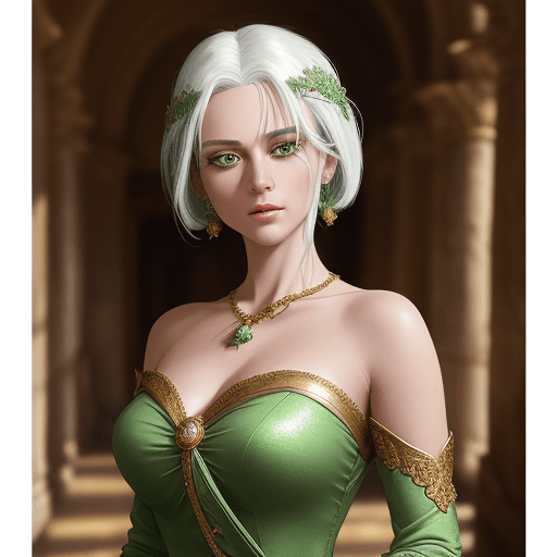 AI generated: Beautiful girl in full growth, in a green dress, with expensive jewelry, white hair, medium build, w...