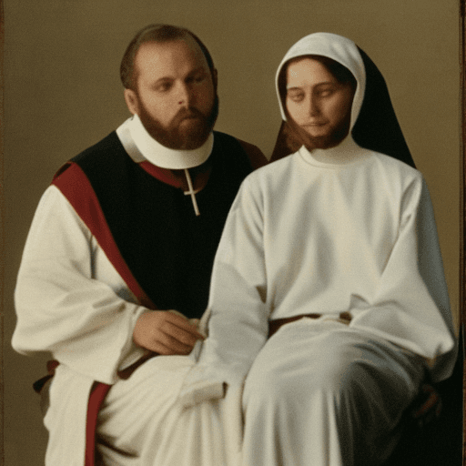 AI generated: A young novice nun, dressed in white, and a bearded and disheveled hermit surrender to passion. The ...