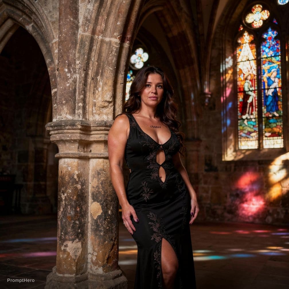 AI generated: A muscular dark-haired woman with long, wavy hair cascading over her shoulders leans against the wea...