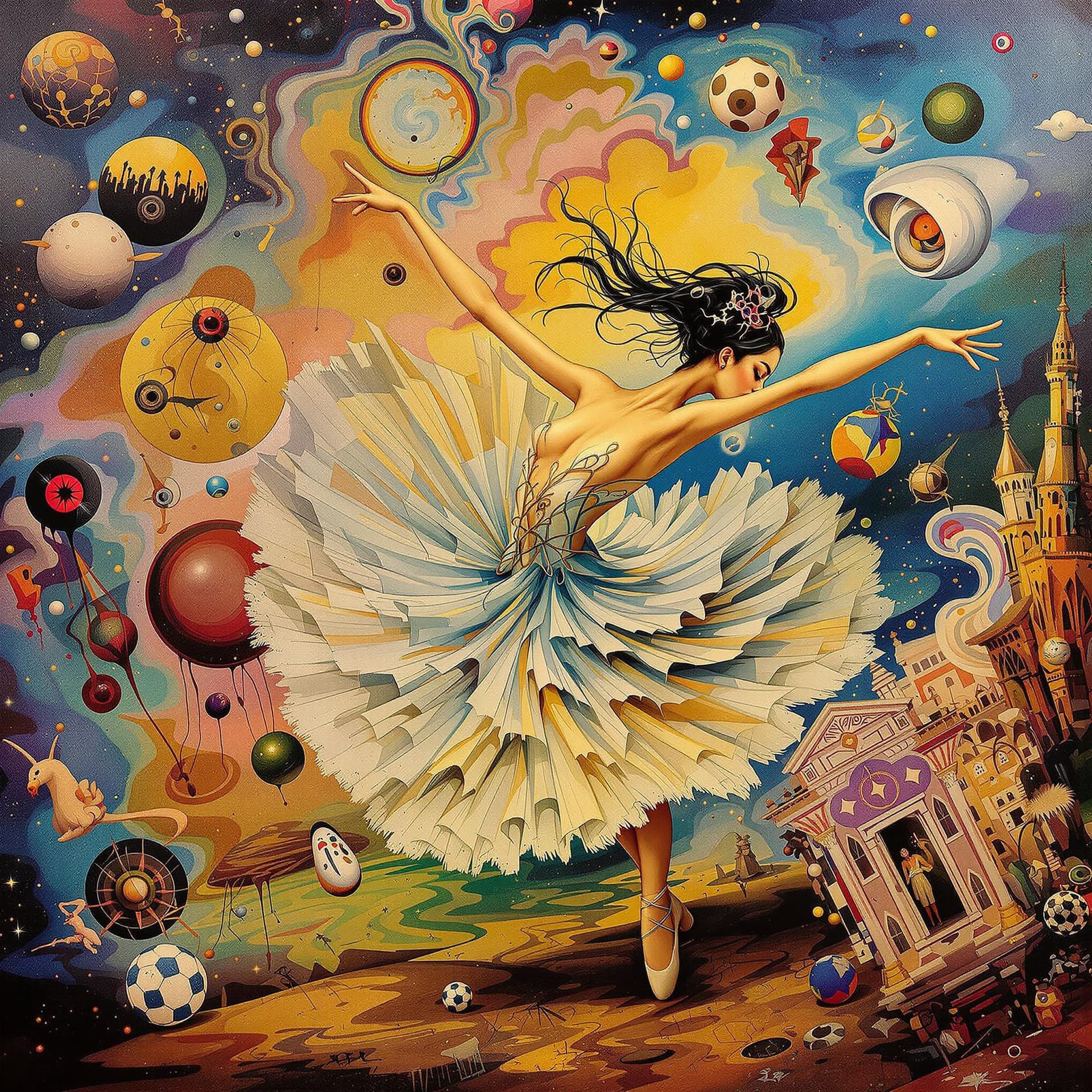AI generated: surrealist painting of an Asian female ballet dancer, in the style of Salvador Dali, psychedelic, su...