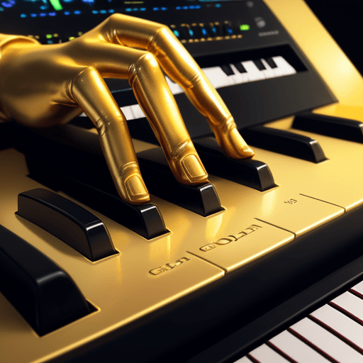 AI generated: Photo of an golden synthesizer with black hands on the keyboard