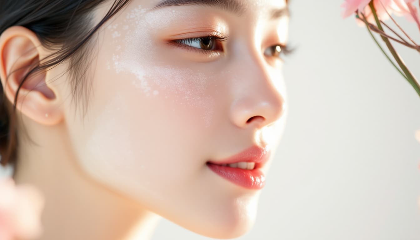 AI generated: Photorealistic, close-up half-profile portrait of a radiant Korean female model with healthy, dewy s...