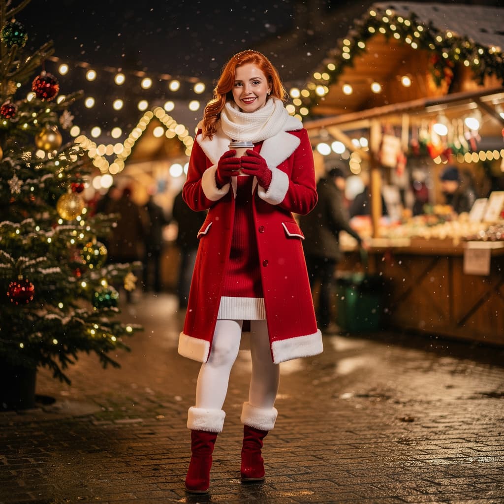 AI generated: A young beautiful redhair woman at a Christmas market,full-body,latexlolitalingerie, look, christmas...