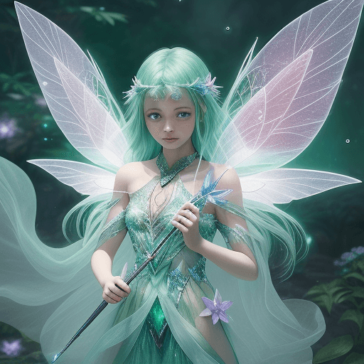 AI generated: A mystical fairy in shimmering crystal wings, holding flower patterned wand, sparkling green eyes, e...