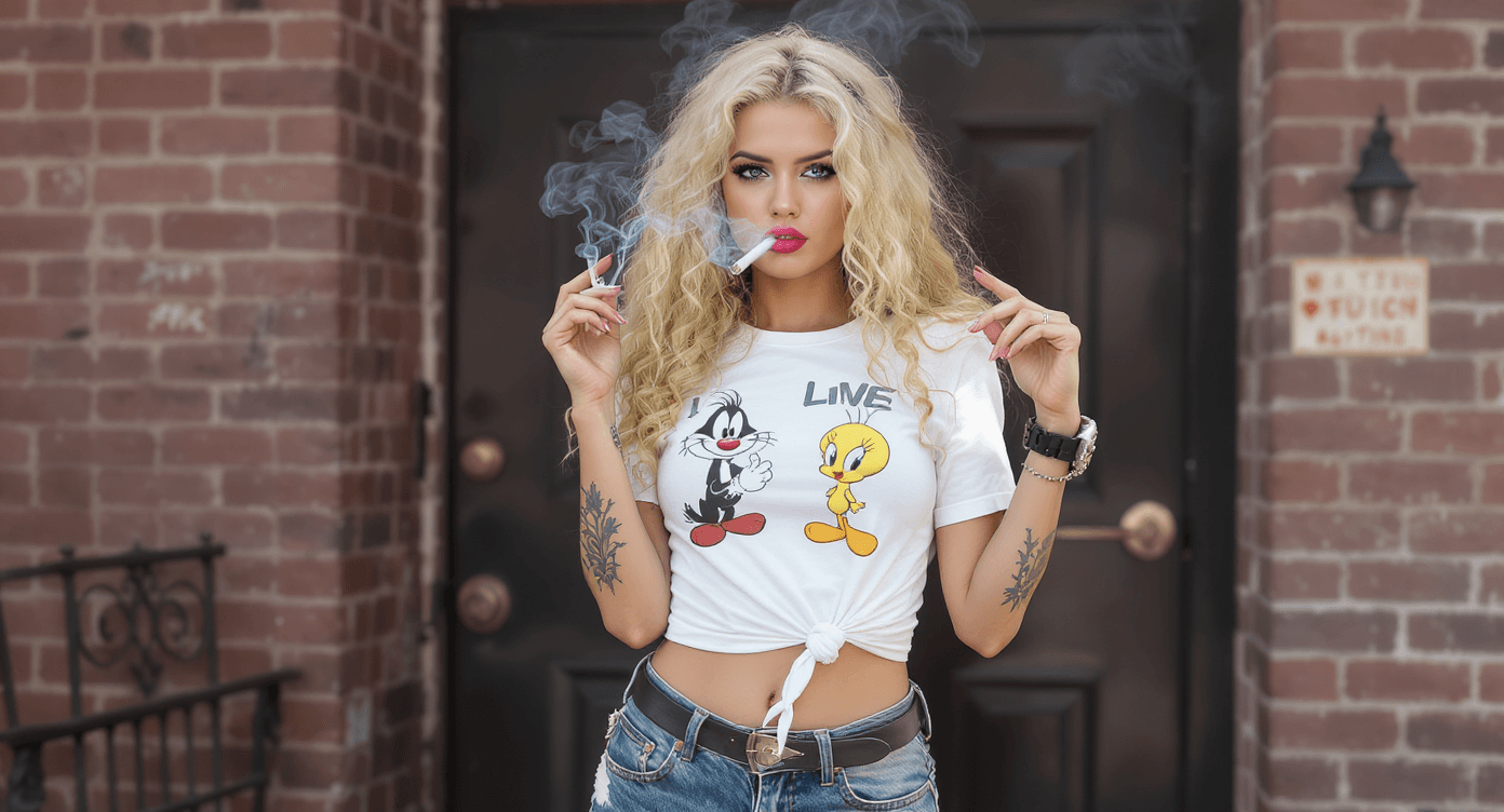 AI generated: 4K image of a beautiful blonde girl with long curly hair.wearing skin tight blue jeans and a tight, ...
