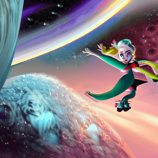 AI generated: Hyper realistic picture of Elsa like a God flying in space with planets floating around Elsa, flying...