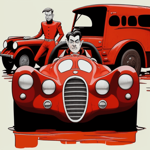 AI generated: red race car, in the style of hergé, historical illustrations, old masters, genndy tartakovsky, sogg...