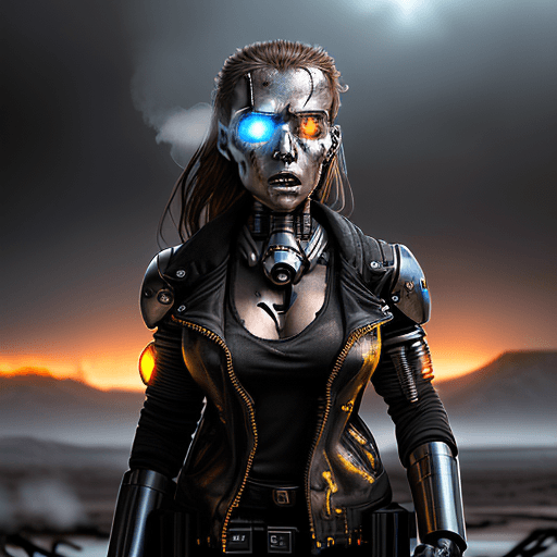 AI generated: A mesmerizing photograph capturing the ethereal beauty of the Terminator Girl, with her cyborg featu...