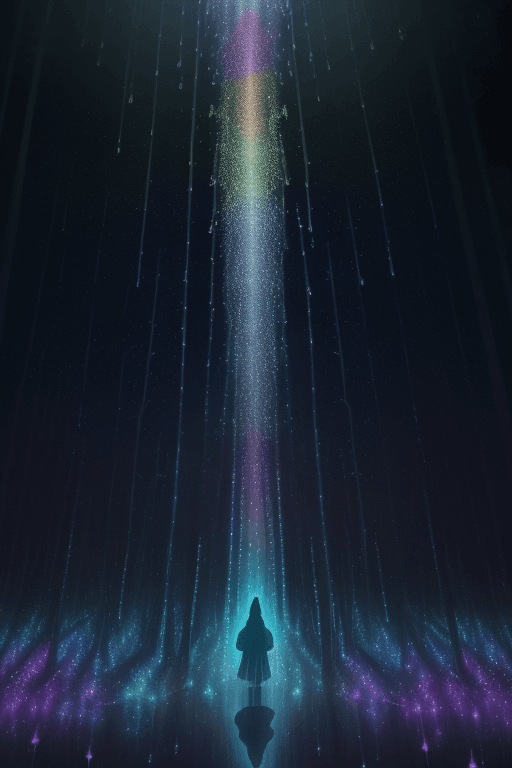 AI generated: Iridescent rainbow closeup of rain fantacy, mystical forest sky with scattered stars, illuminated by...