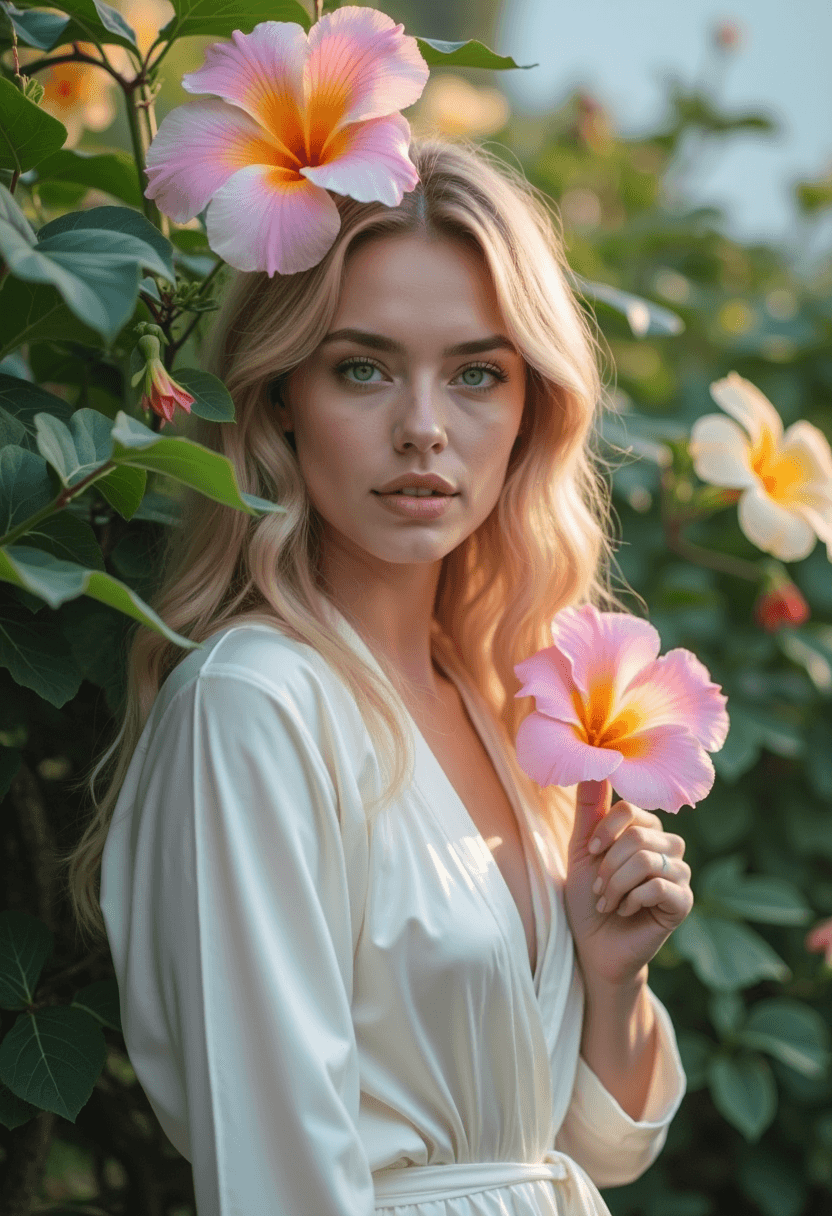 AI generated: A woman with light blue eyes and long blonde hair stands from the side, wearing a white silk robe sl...