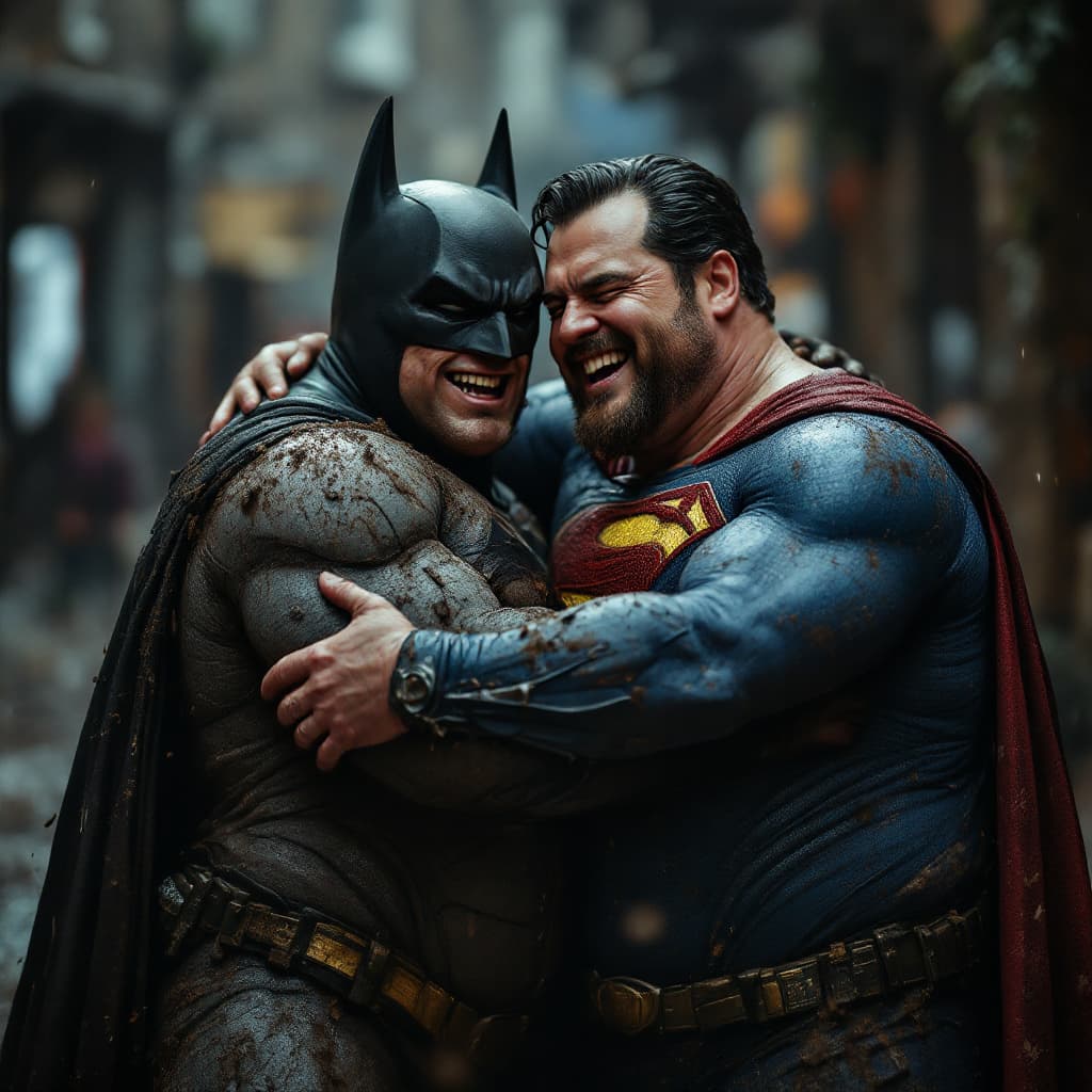 AI generated: photography, medium shot of a batman and superman drunk, laughing very fat, the suits are muddy, dir...