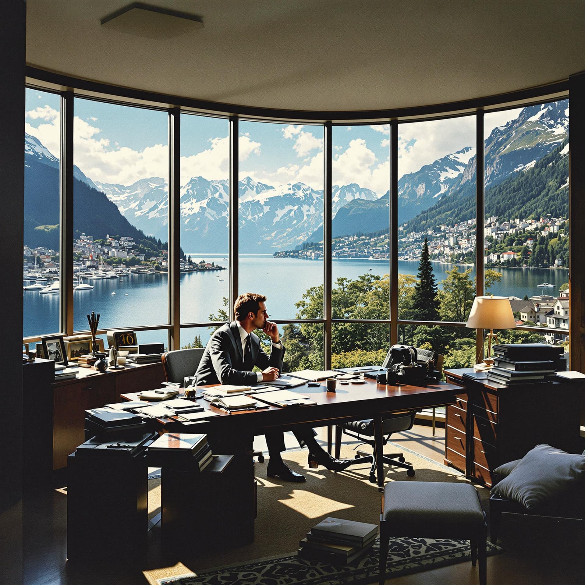 AI generated: An office of a Swiss executive in the early eighties, sitting at his desk with large windows overloo...