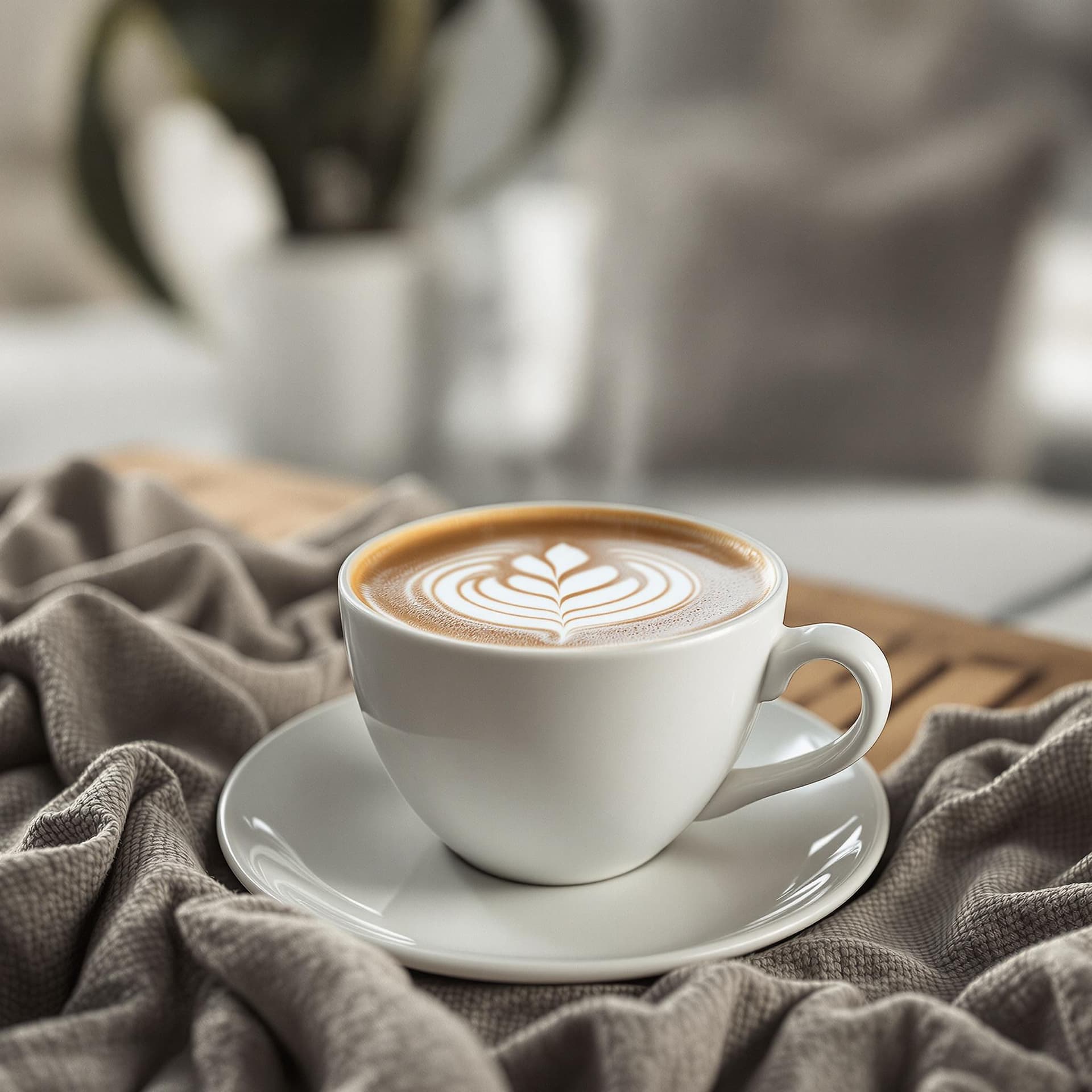 AI generated: latte cup, taken on a professional fujifilm camera from the distance in a light gray white shades ro...