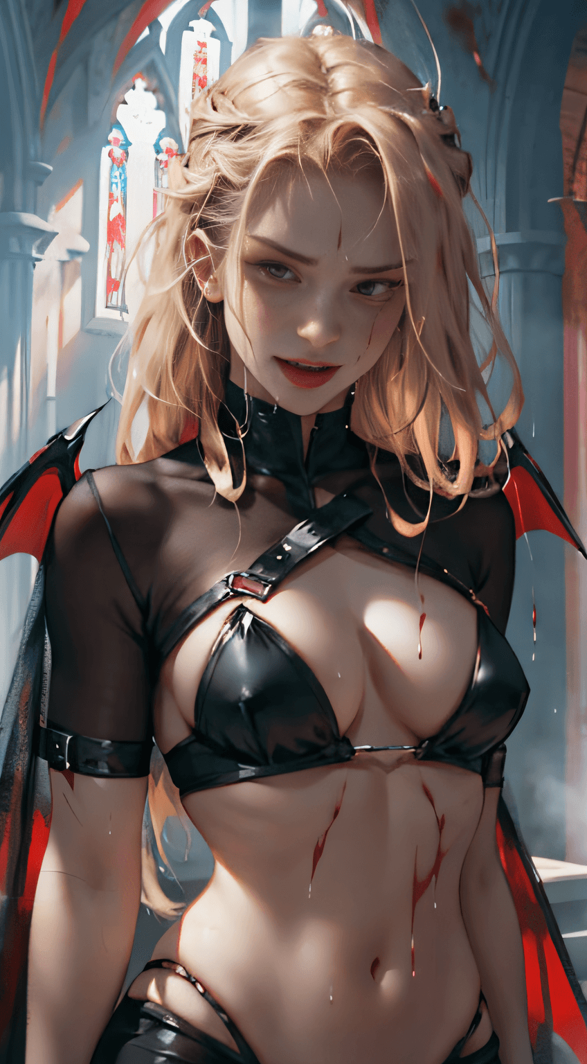AI generated: wlop style, a sexy vampire wearing a red bikini, stained with blood, staring at the viewer crying te...