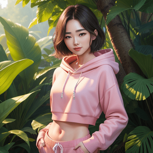 AI generated: 1 girl, beautiful Korean girl, (Cute Loose Bob hair), (wearing a cropped hoodie, capri sweatpants:1....