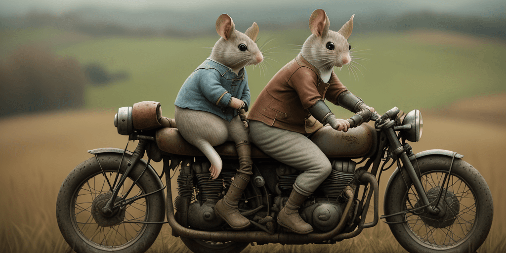 AI generated: cinematic film still award winning photo, style beatrix potter, two cute grey mice, rust, epic, ridi...