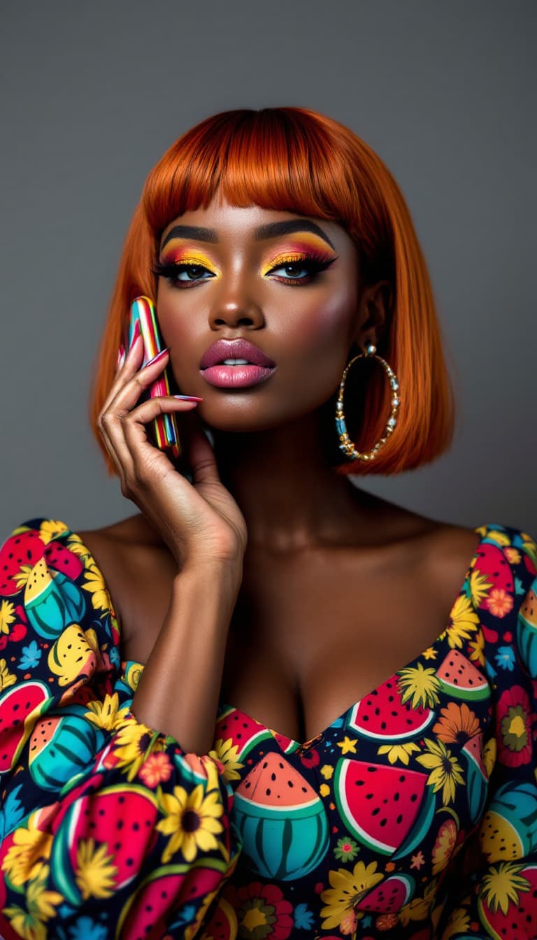 AI generated: A dark-skinned woman, likely in her 20s, is the central subject.  She has vibrant, fiery orange-red ...