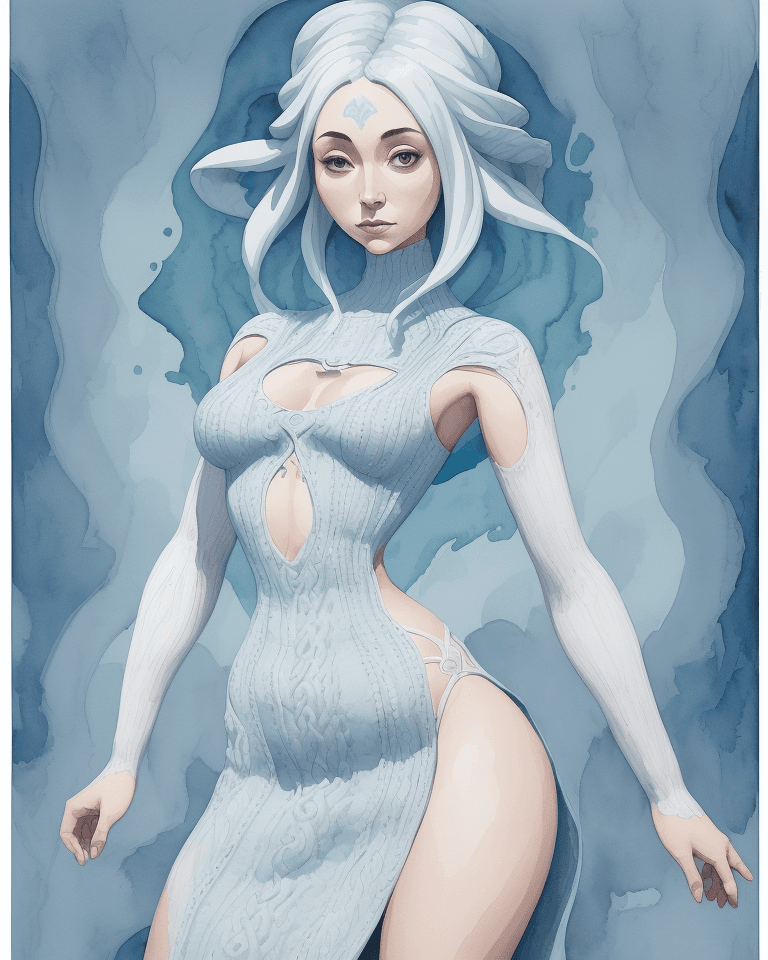 AI generated: Watercolor painting on parchment, a woman wearing large knitted dress, ((Courtney Ford)), wide hips,...