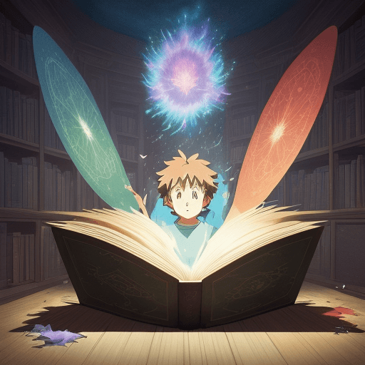 AI generated: The three boys open up large magical book. Immense colourfull glow radiates from the book. Large rip...