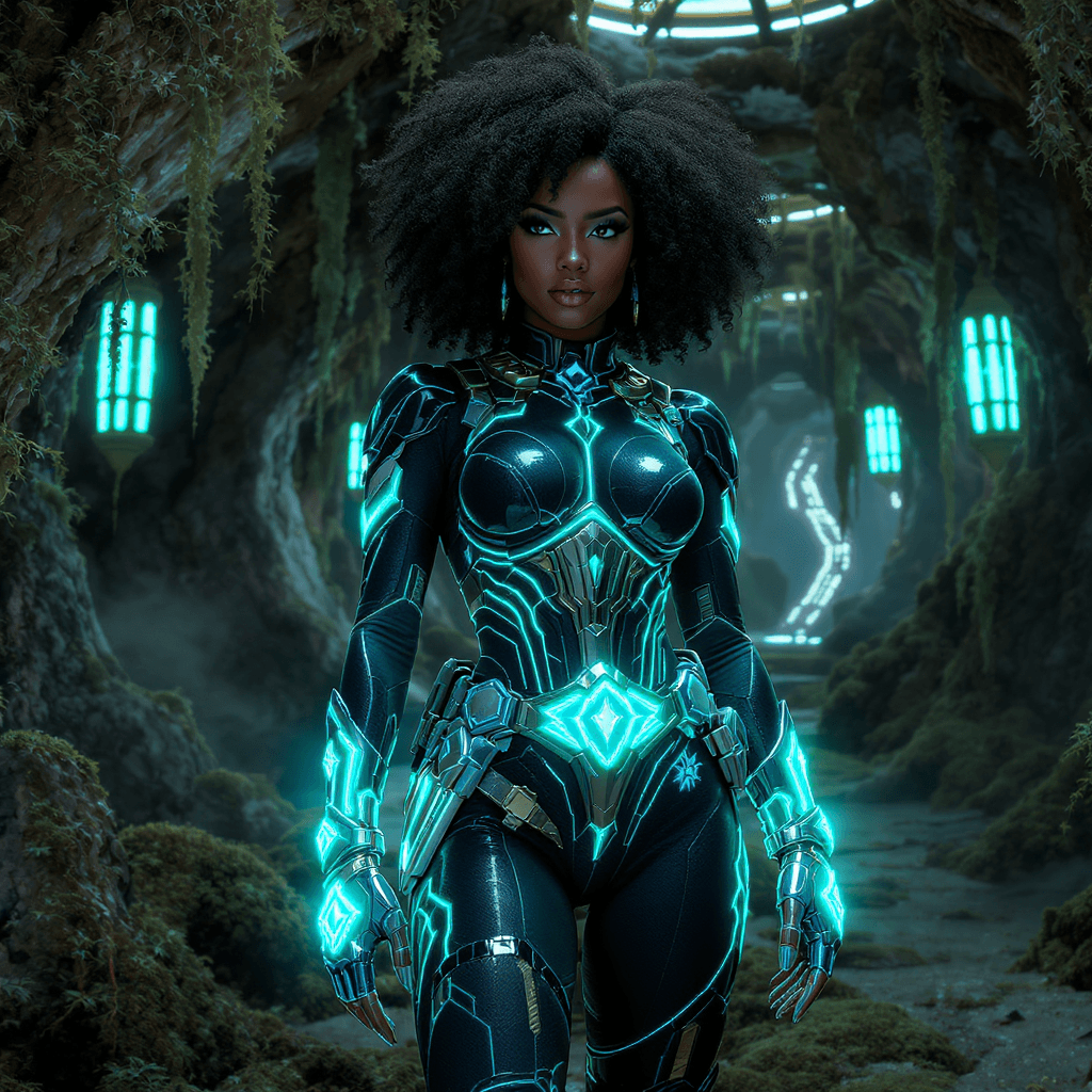 AI generated: “vibranium utility belt, moss pathways”: “Elite Afrofuturist warrior queen in a vibranium utility ju...