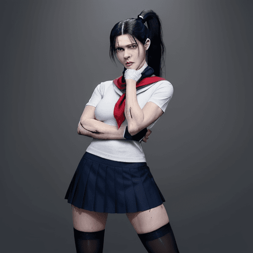 AI generated: a psychopathic killer woman that have a muscular body, have black eyes with long black ponytail hair...