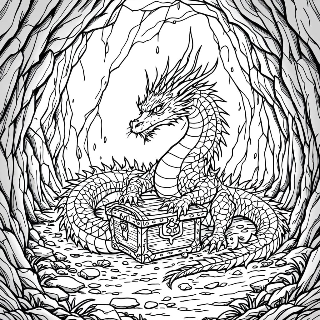 AI generated: Coloring book,A dragon curled around a treasure chest in a cave