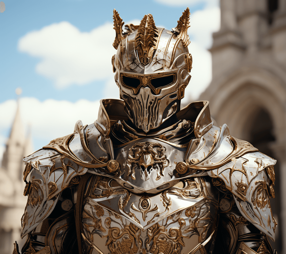 AI generated: a high class knight is in action, in the style of rendered in unreal engine, dark gold and white, cl...