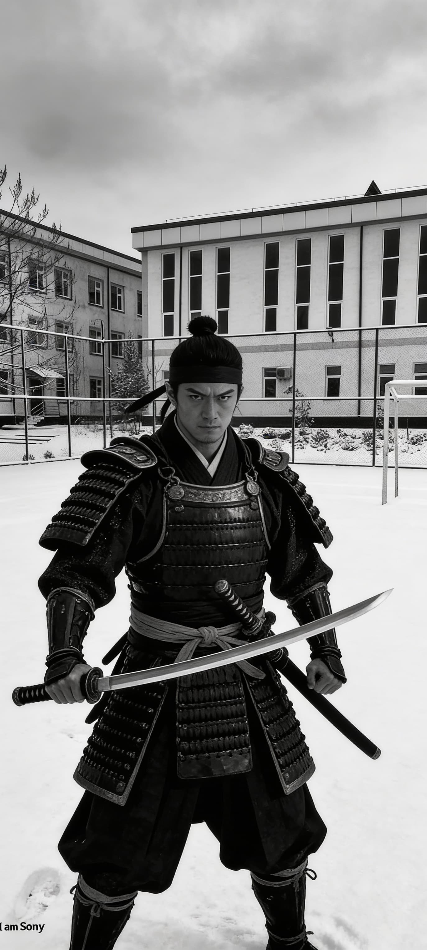 AI generated: black and white image of a samurai who is determined to follow his way no matter what 