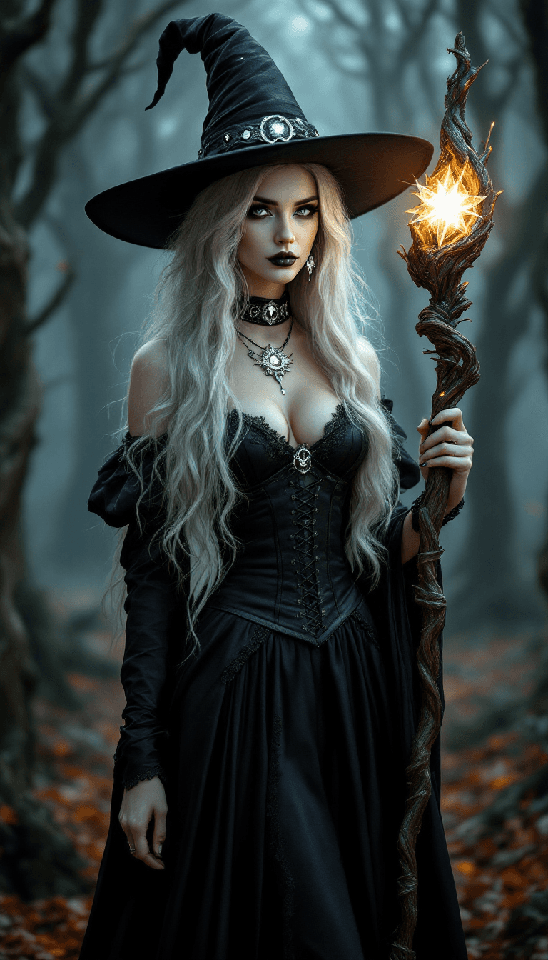 AI generated: A beautiful, powerful witch standing in an enchanted forest, wearing a long flowing black dress made...