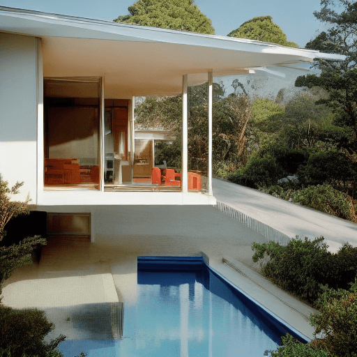 AI generated: Hyper realistic eye level exterior photo of a mid century modern style house overlooking the ocean, ...