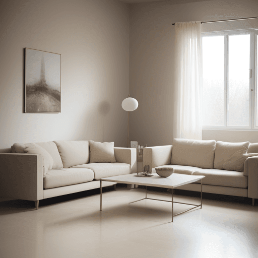 AI generated: Photograph, contemporary living room, soft light of morning, integration of beige flooring and matte...