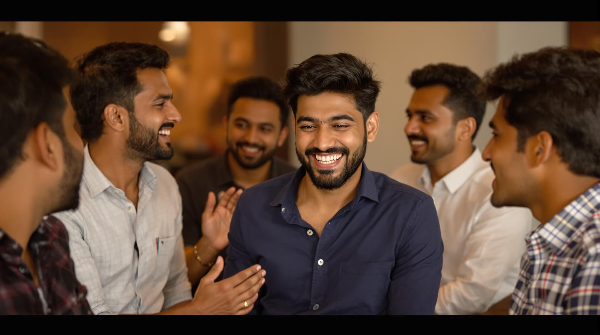 AI generated: (Cinematic UHD, group of Indian friends in a casual café, playfully teasing a young Indian man weari...
