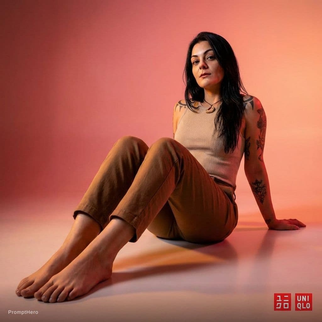 AI generated: wide and low angle, cinematic, fashion photography for the brand Uniqlo. Woman sitting on floor all ...